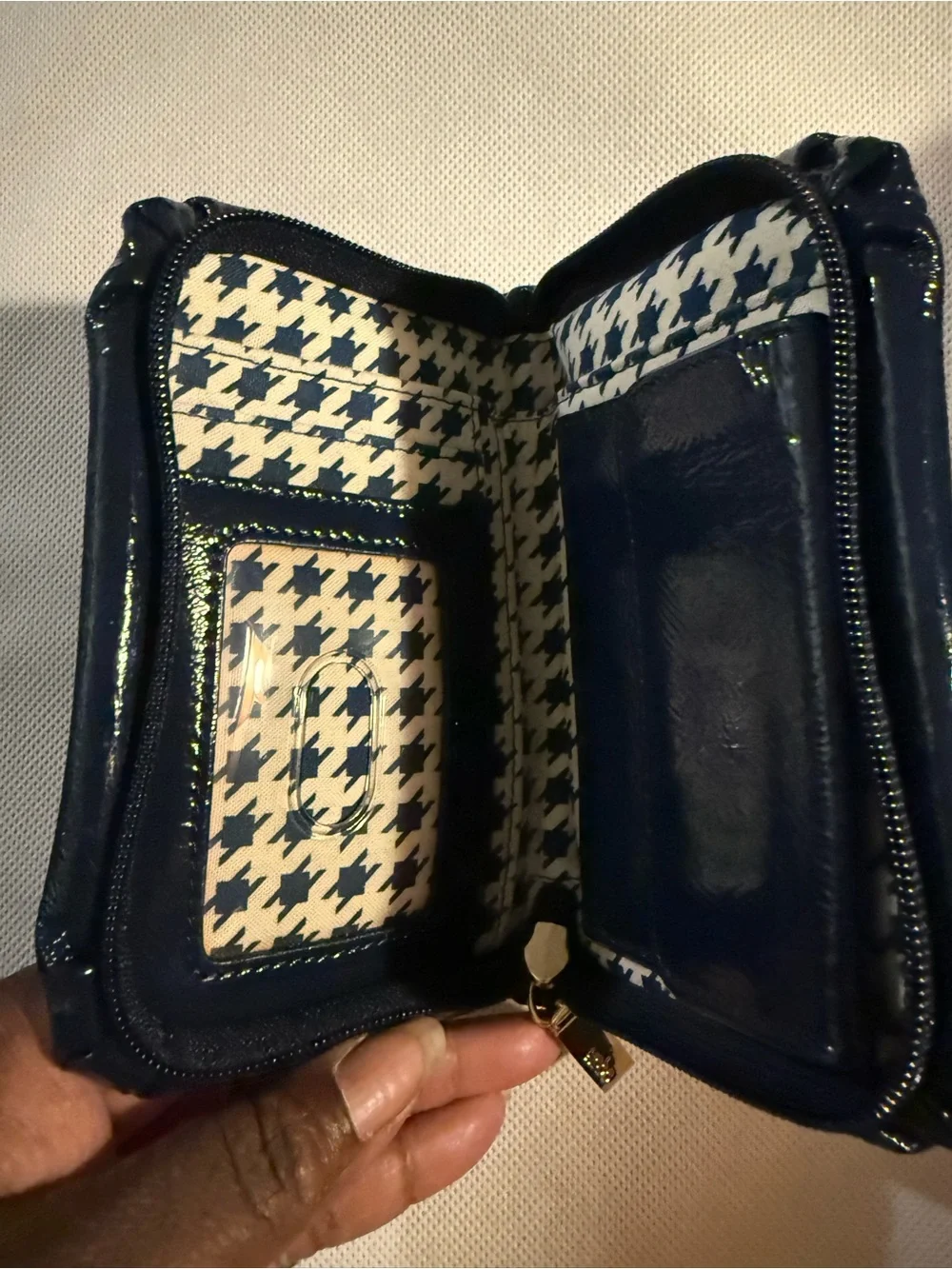 Patent Navy Cosmetic Pouch with Gold Hardware